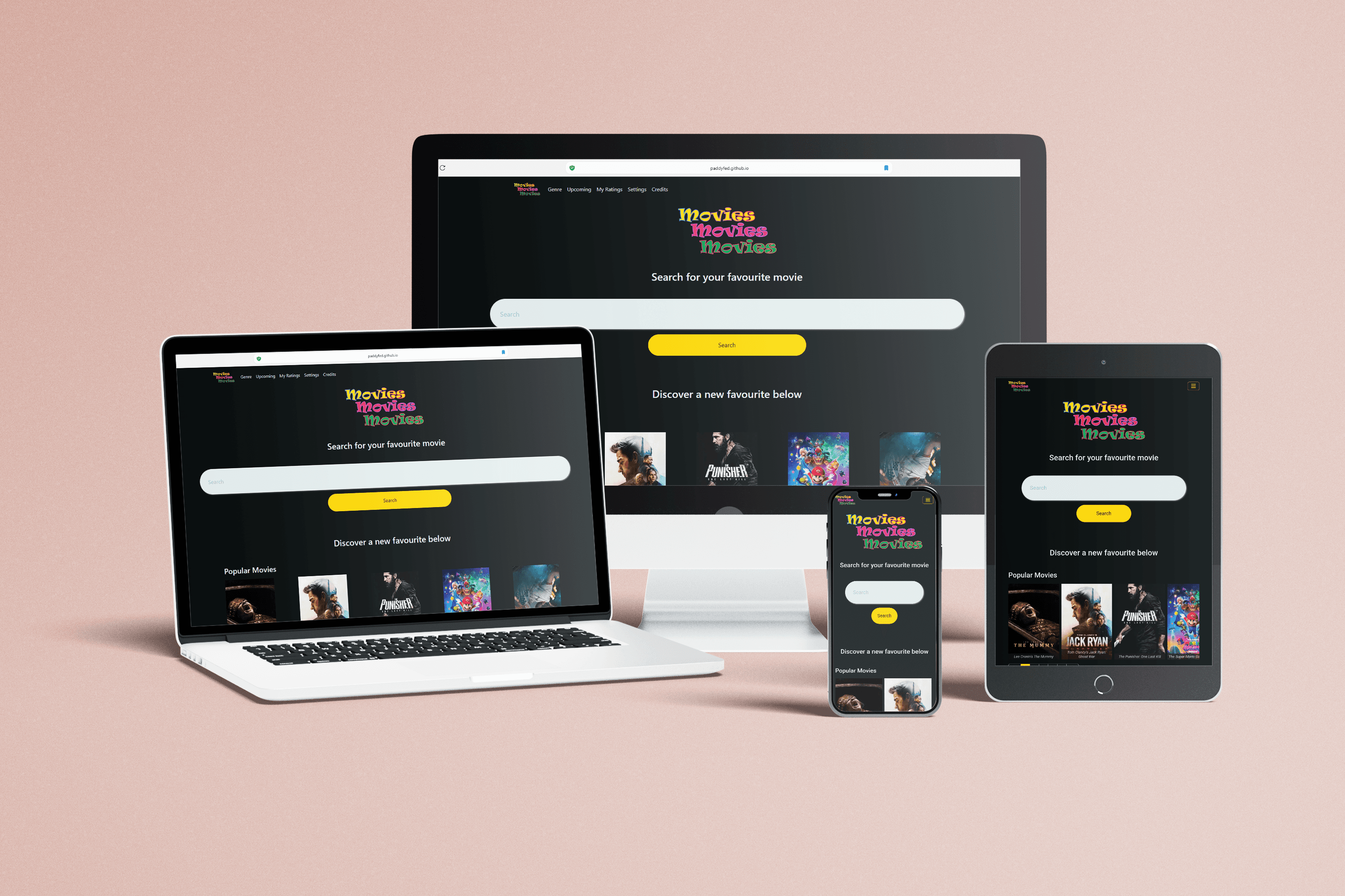 Movies Movies Movies website presented on multiple devices including desktop, laptop, tablet, and phone