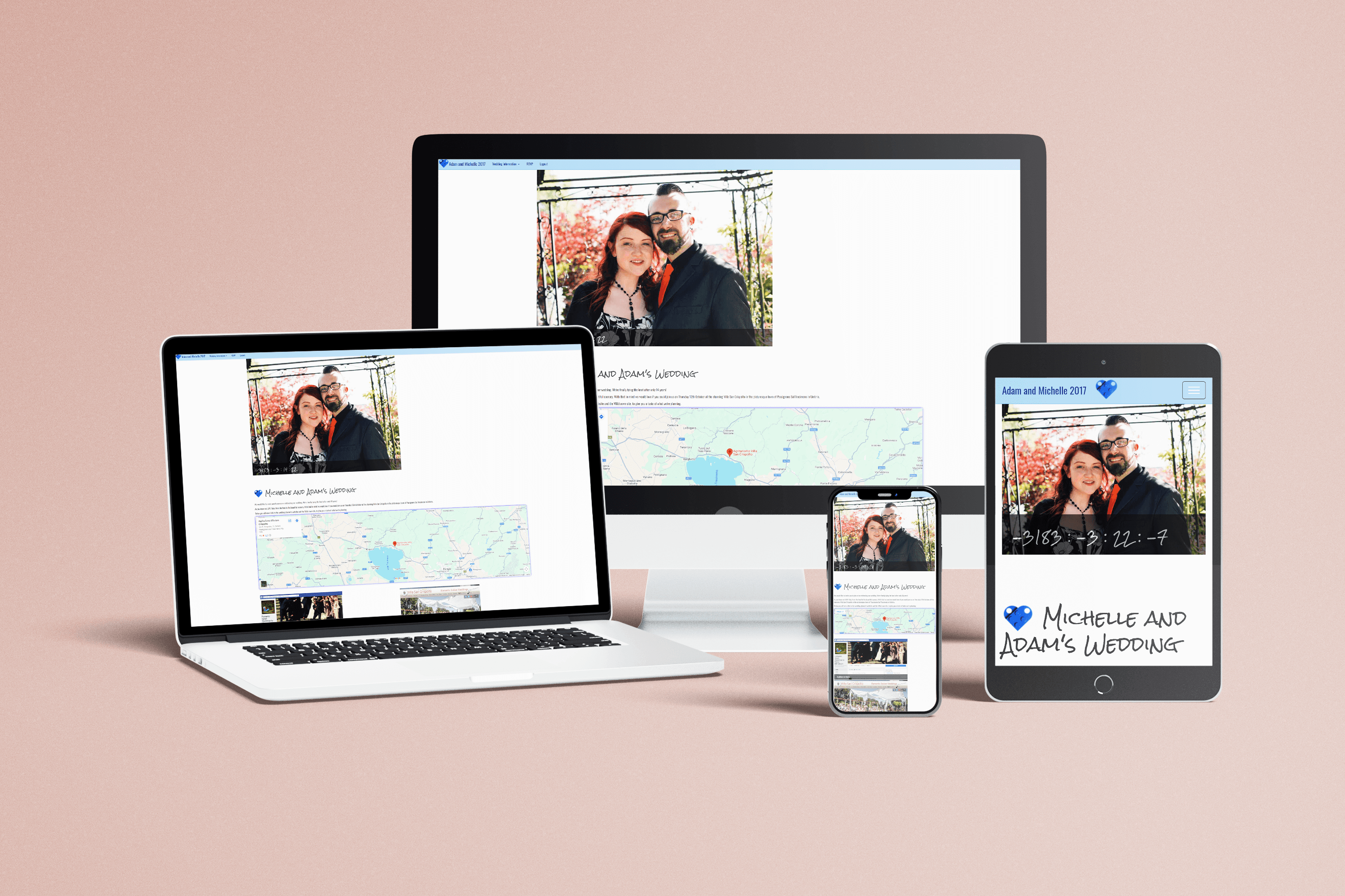 Adam and Michelle Wedding Invite website presented on multiple devices including desktop, laptop, tablet, and phone